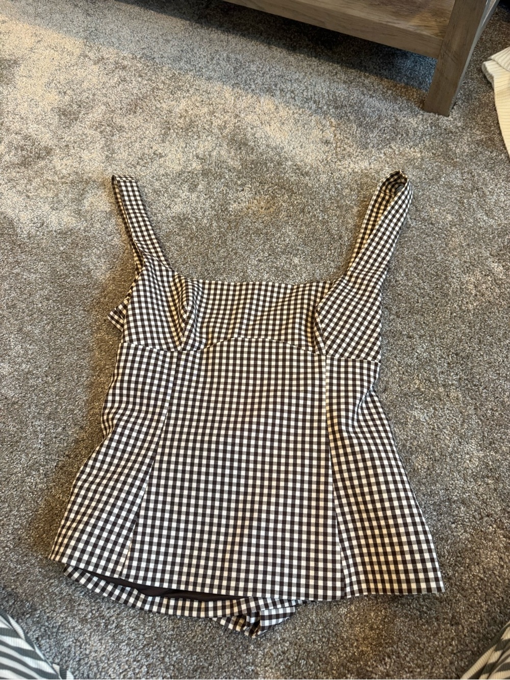 Zara Brown and White Gingham Square-Neck Peplum Tank - Picture 2 of 4